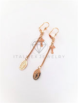 Arete de Lujo - 103097 - Arete Largo Cruz y Virgen Oro Laminado 18K