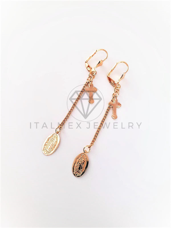 Arete de Lujo - 103097 - Arete Largo Cruz y Virgen Oro Laminado 18K