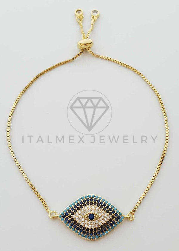 Pulsera Ajustable - 100341 - Diseño de Mal de Ojo CZ Azul Oro Laminado 18K