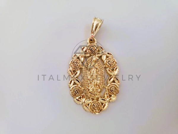 Dije Religioso - 104403 - Dije de Virgen de Guadalupe con Bisel de Flores Tamaño Mediano Oro Laminado 18K