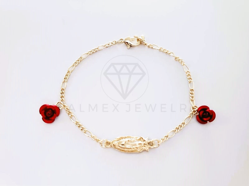 Pulsera Elegante - 103995 - Pulsera Virgen de Guadalupe y Rosas Rojas Oro Laminado 18K