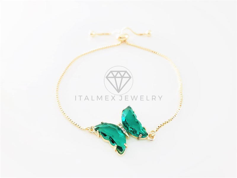 Pulsera de Lujo - 103201 - Diseño Ajustable con Mariposa CZ Verde Aqua Oro Laminado 18K