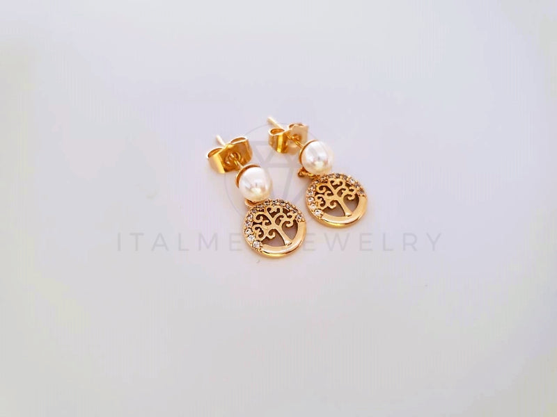 Broquel de Lujo - 104017 - Diseño Arból de la Vida y Perla CZ Clara Oro Laminado 18K