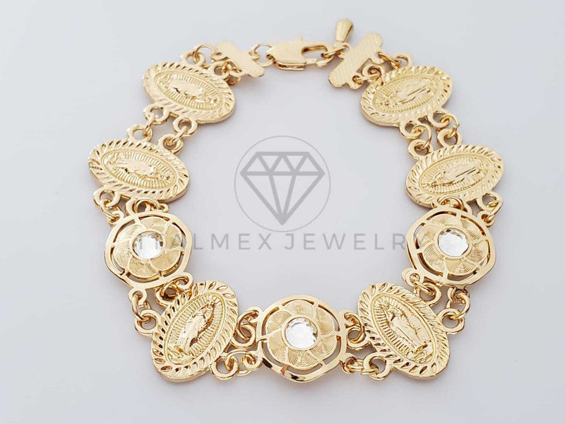 Pulsera de Lujo - 100212 - Diseño de Moneda de la Virgen de Guadalupe Con CZ Clara Oro Laminado 18K