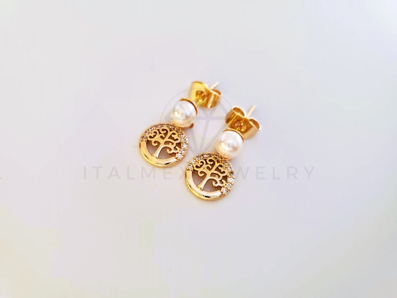 Broquel de Lujo - 104017 - Diseño Arból de la Vida y Perla CZ Clara Oro Laminado 18K