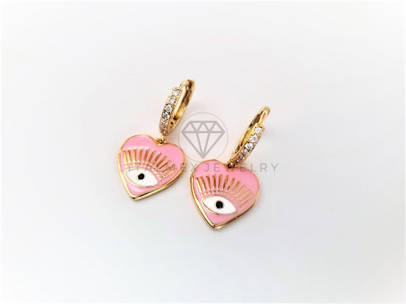 Arete de Lujo - 103148 - Diseño Corazón Ojo Turco Rosa Oro Laminado 18K