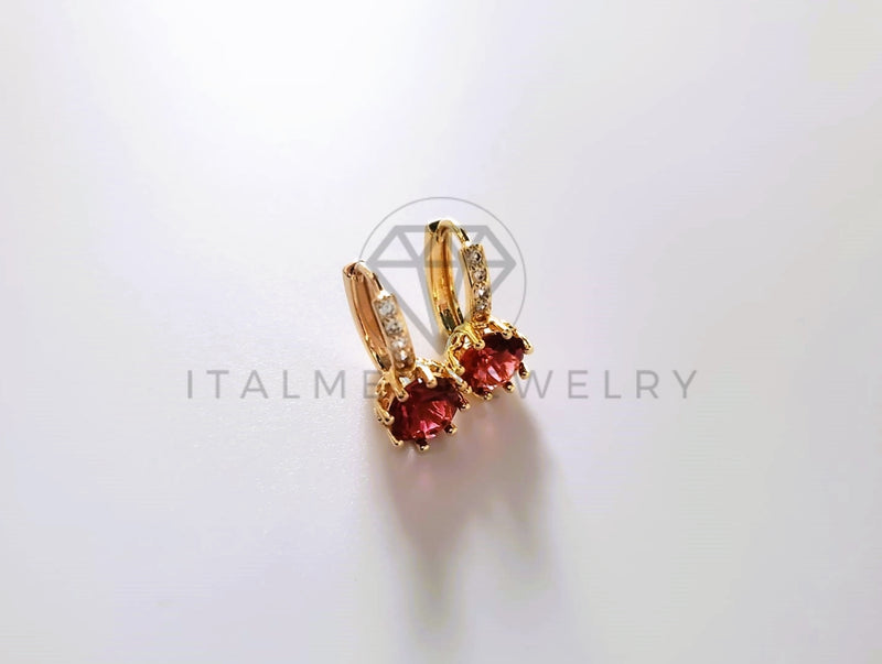 Huggie de Lujo - 103683 - Diseño Corte Redondo CZ Roja Oro Laminado 18K