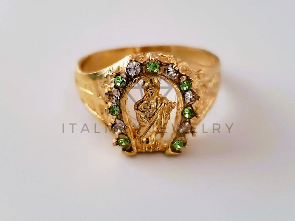 Anillo Caballero de Lujo - 104253 - Herradura San Judas Circonia Clara y Verde Oro Laminado 18K