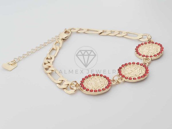 Pulsera Elegante - 100184 - Diseño de San Benito con CZ Roja Oro Laminado 18K