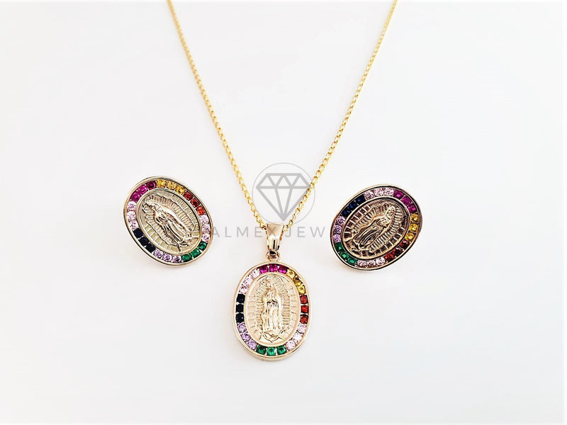 Juego de Lujo - 103024 - Diseño de Virgen de Guadalupe CZ Colores Oro Laminado 18K