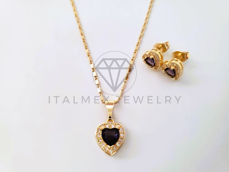 Juego de Lujo - 103948 - Diseño Corazón con Circonia Morada Oro Laminado 18K
