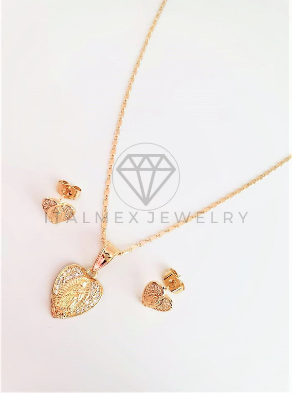 Juego de Lujo - 102949 - Diseño de Corazón y Virgen CZ Clara Oro Laminado 18K