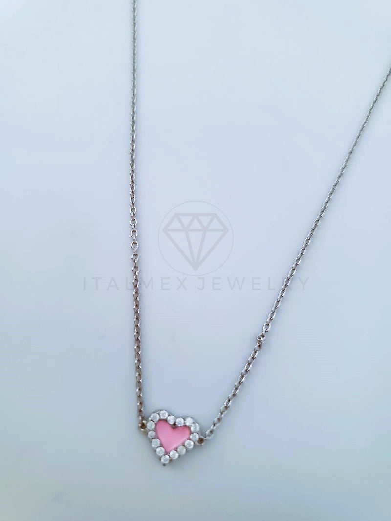 Collar de Lujo - 104122 - Estilo Corazón Esmalte Rosa Plata Fina .925