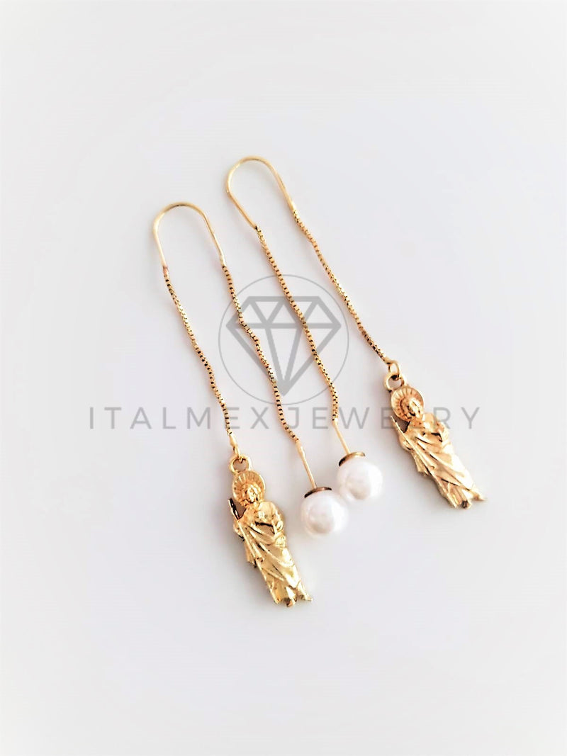 Arete de Lujo - 102822 - Violador con Perla y Dije San Judas Oro Laminado 18K