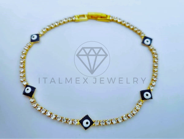 Pulsera Elegante - 103574 - Pulsera Tira CZ Clara y Ojo Turco Azul Oro Laminado 18K