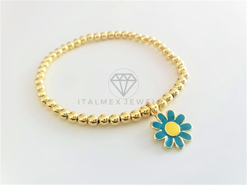 Pulsera de Lujo - 103118 - Diseño Bolitas con Girasol Azul Oro Laminado 18K
