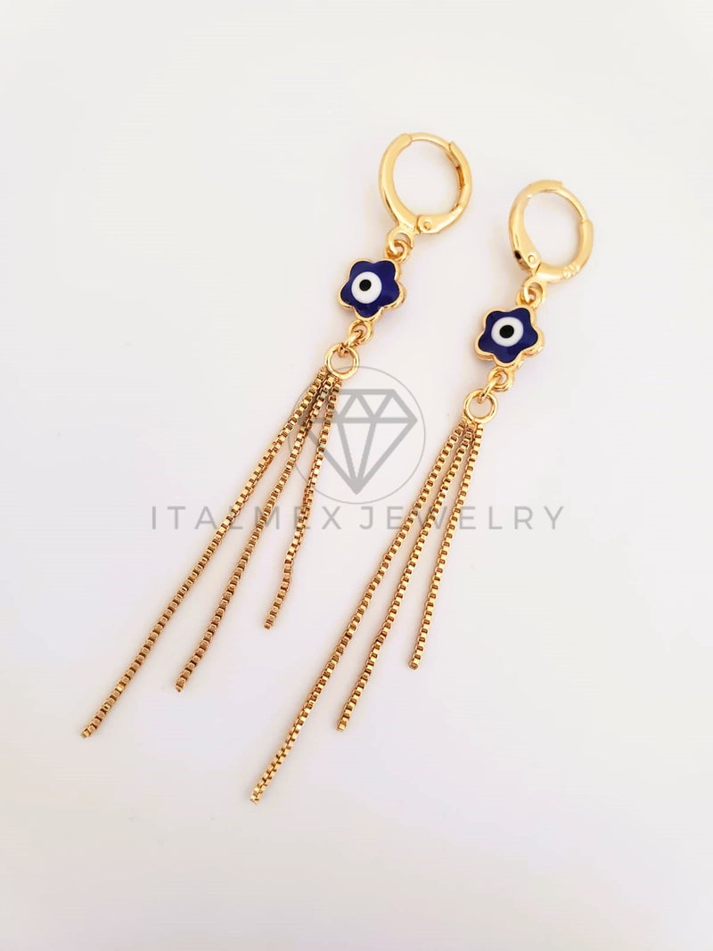 Arete de Lujo - 103522 - Diseño Ojo Turco Flor Azul y Tira Oro Laminado 18K