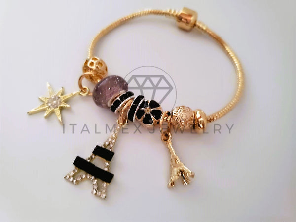 Pulsera Elegante - 104300 - Pulsera Estilo PDR Torre Eiffel CZ Negra Oro Laminado 18K