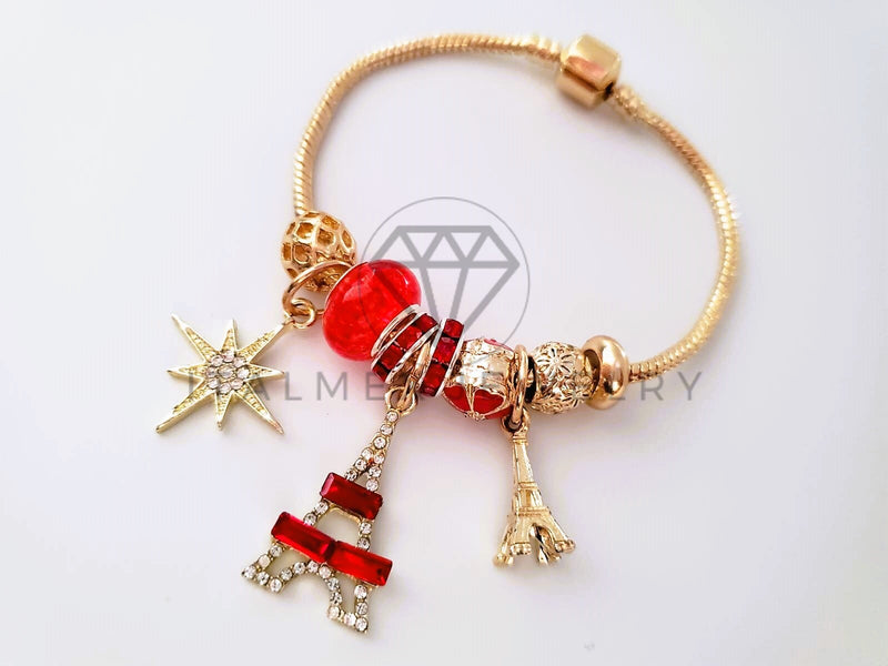 Pulsera Elegante - 104311 - Pulsera Estilo PDR Torre Eiffel CZ Roja Oro Laminado 18K