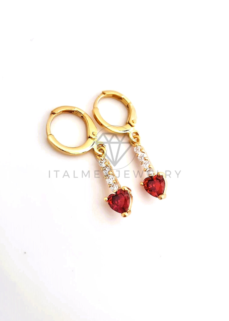 Arete de Lujo - 103518 - Diseño Tira y Corazon CZ Roja Oro Laminado 18K