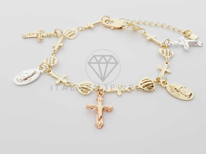 Pulsera Elegante - 100235 - Diseño de Corazón con Cruz y Virgen 3 Tonos Oro Laminado 18K
