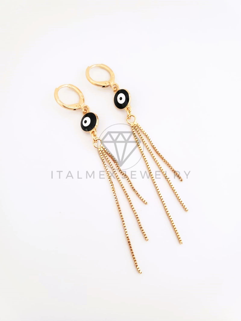 Arete de Lujo - 103520 - Diseño Ojo Turco Negro y Tira Oro Laminado 18K
