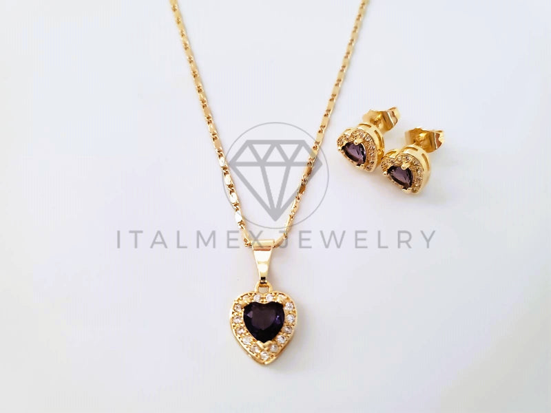Juego de Lujo - 103948 - Diseño Corazón con Circonia Morada Oro Laminado 18K