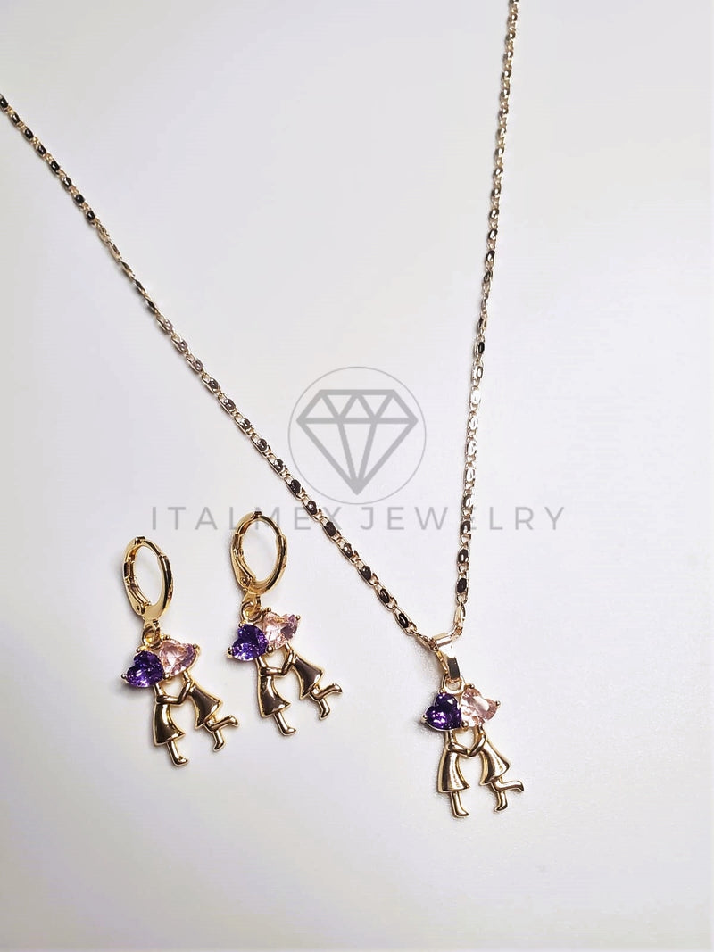 Juego de Lujo - 103652 - Diseño de Pareja Amor CZ Rosa y Morada Oro Laminado 18K