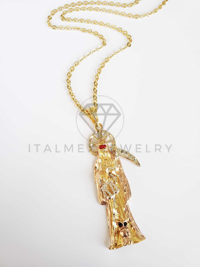 Dije Religioso - 100513 - Santa Muerte CZ Tamaño Extra Grande Oro Laminado 18K