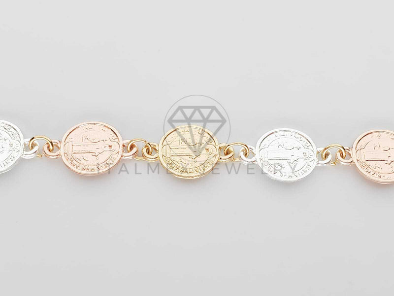 Pulsera de Lujo - 100189 - Diseño de Moneda de San Benito con Cristo 3 Tonos Oro Laminado 18K