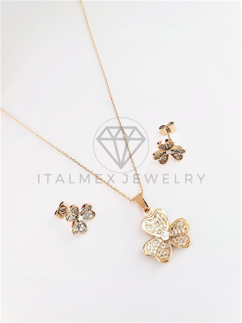 Juego de Lujo - 103034 - Diseño de Flor CZ Clara Oro Laminado 18K