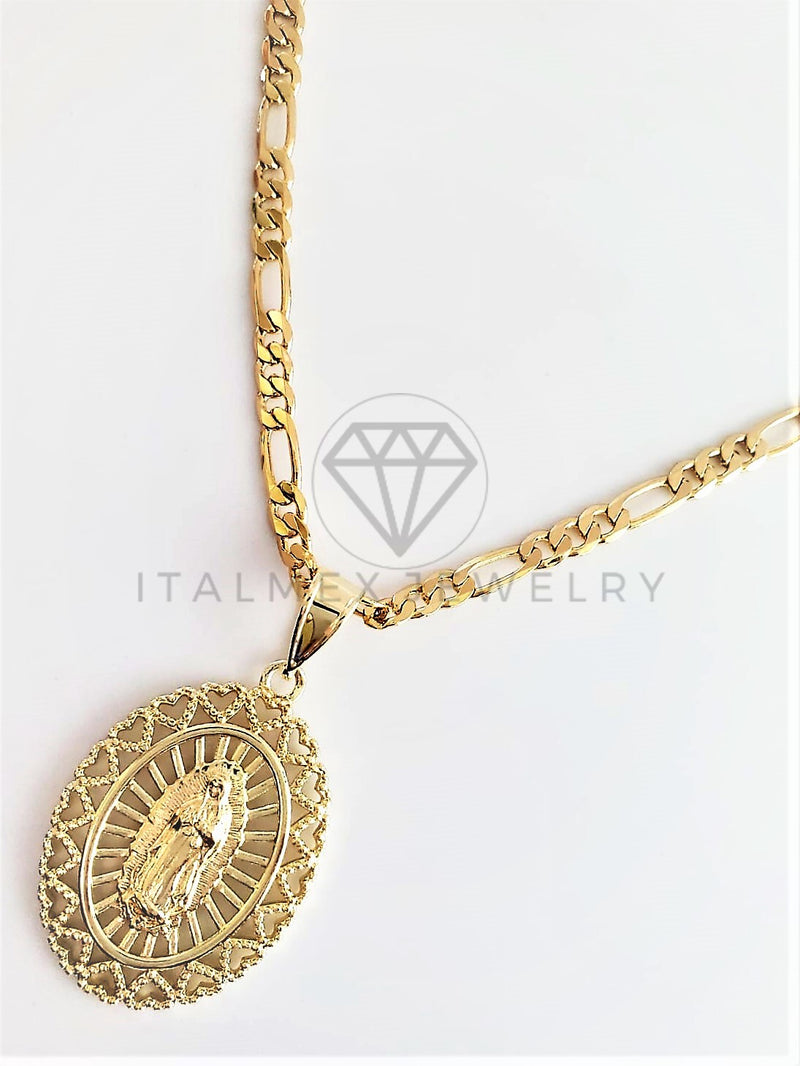 Dije Religioso - 102777 - Medalla de Virgen de Guadalupe con Bisel de Corazones Tamaño Mediano Oro Laminado 18K