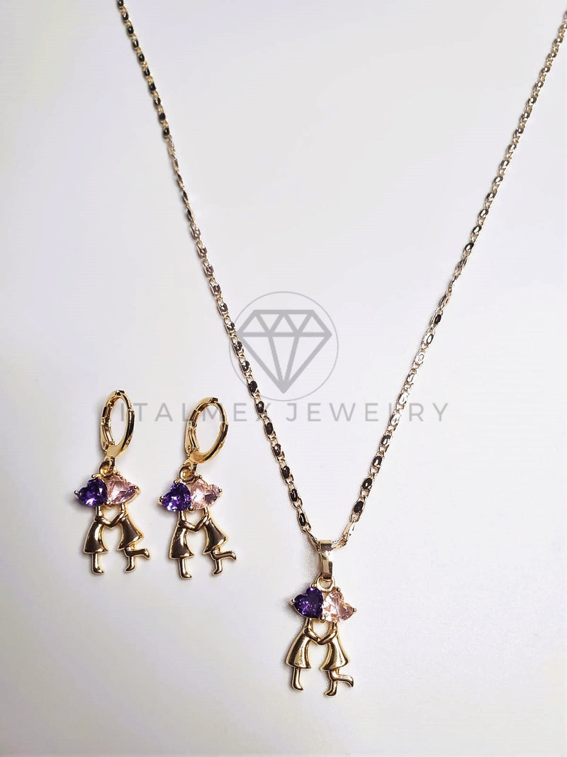 Juego de Lujo - 103652 - Diseño de Pareja Amor CZ Rosa y Morada Oro Laminado 18K