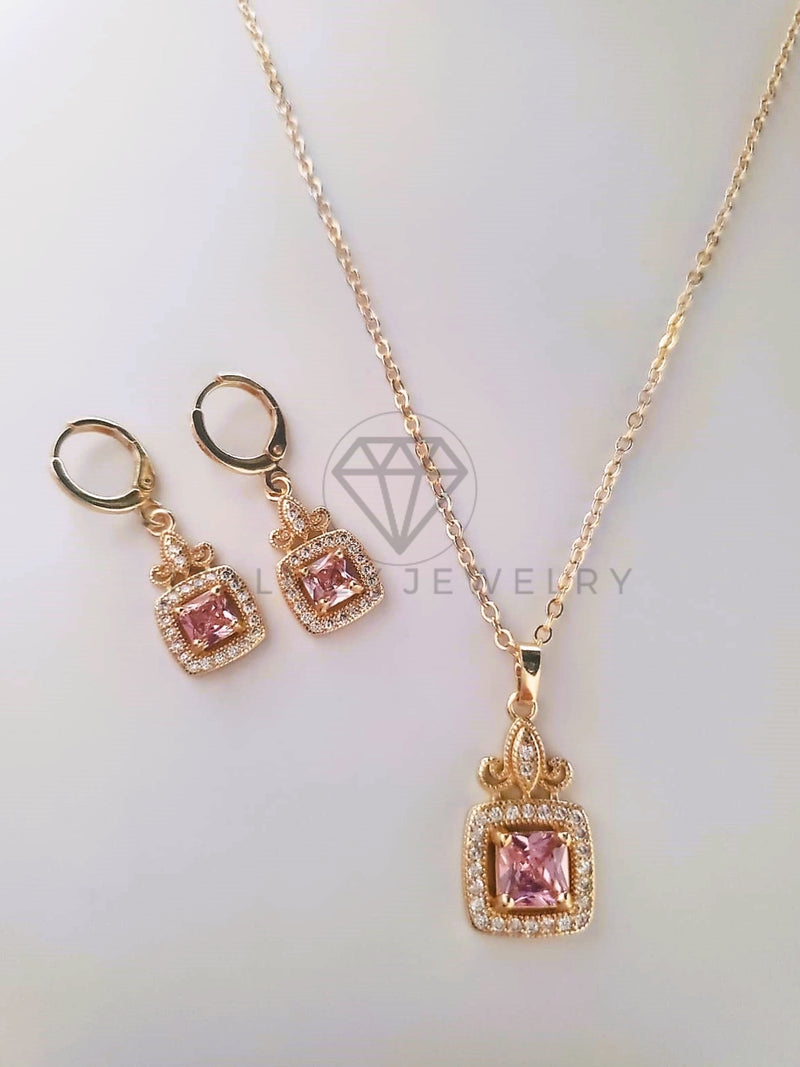 Juego de Lujo - 103796 - Diseño Cuadro Biselado CZ Rosa Oro Laminado 18K