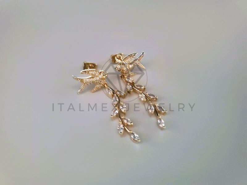 Arete de Lujo - 103773 - Broquel Largo Paloma y Ramo CZ Clara Oro Laminado 18K