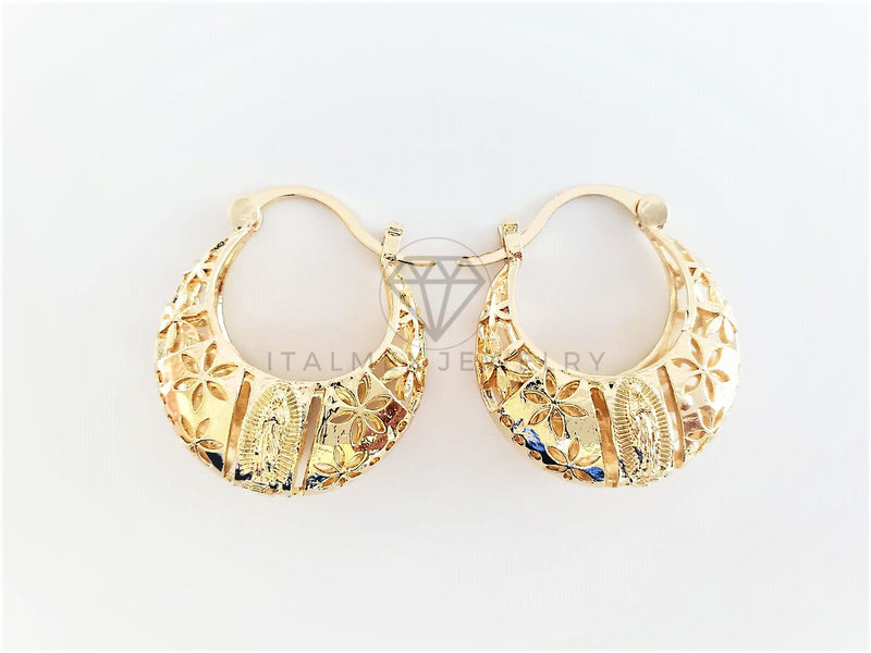 Arete Elegante - 102884 - Estilo Canasta con Virgen de Guadalupe y Flor Oro Laminado 18K