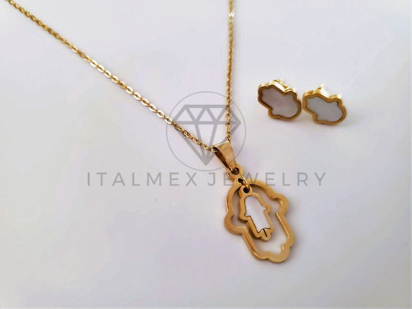 Juego de Lujo - 103955 - Diseño Mano Hamsa Perla Madre Oro Laminado 18K