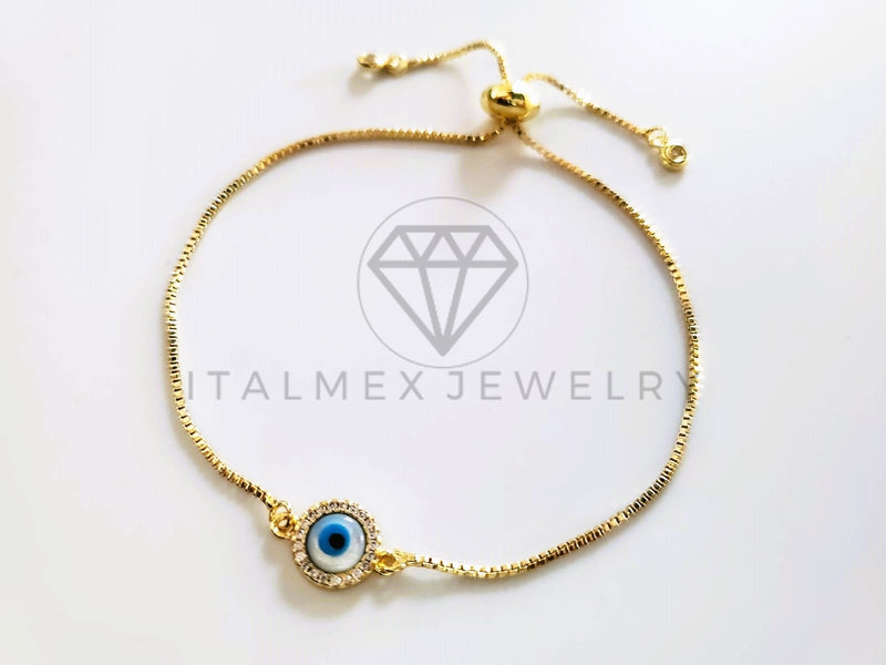 Pulsera de Lujo - 103729 - Diseño Ajustable Ojo Turco Perla Madre CZ Clara Oro Laminado 18K