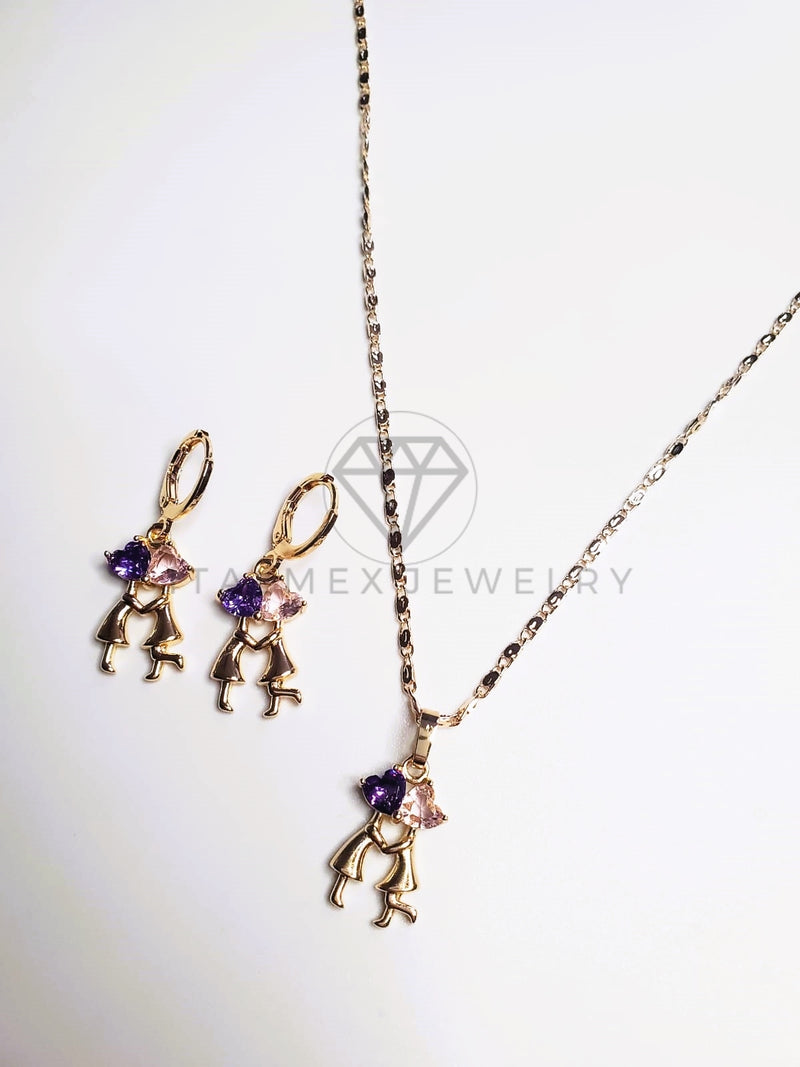 Juego de Lujo - 103652 - Diseño de Pareja Amor CZ Rosa y Morada Oro Laminado 18K