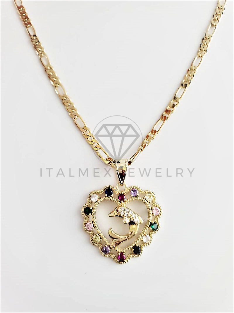 Dije Elegante - 102765 - Corazón con Delfín CZ Color Tamaño Mediano Oro Laminado 18K