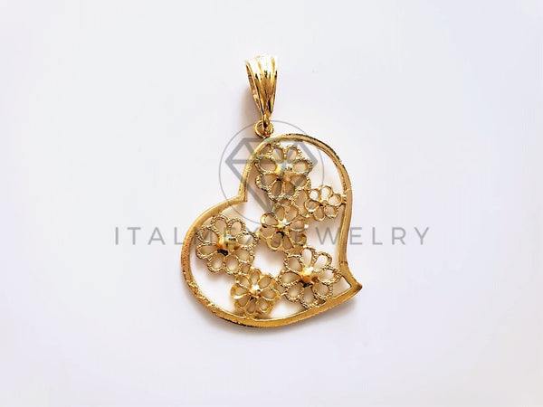 Dije Elegante - 104201 - Dije de Corazón Laser con Flores Oro Laminado 18K