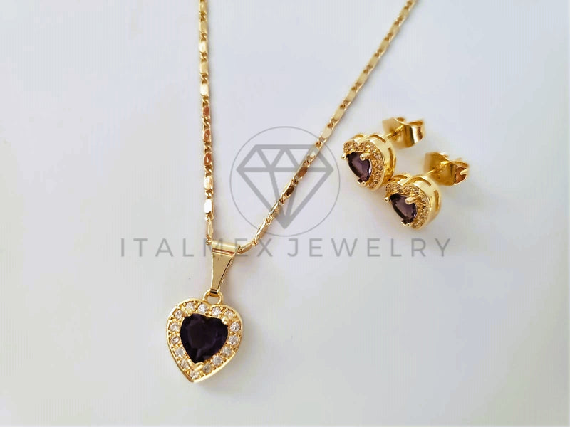 Juego de Lujo - 103948 - Diseño Corazón con Circonia Morada Oro Laminado 18K