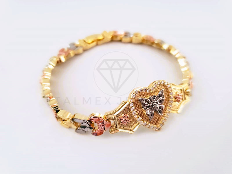 Pulsera Elegante - 103985 - Esclava 3 Oros Corazón Mariposa CZ Clara Oro Laminado 18K