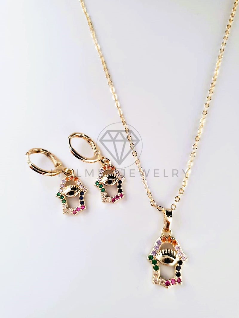 Juego de Lujo - 103822 - Diseño Mano Hamsa y Ojo Turco CZ Color Oro Laminado 18K